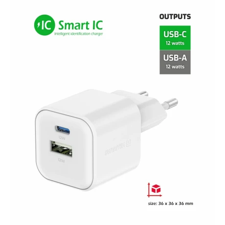 Încărcător de călătorie SWISSTEN 12W 1x USB-C + 1x USB-A ALB