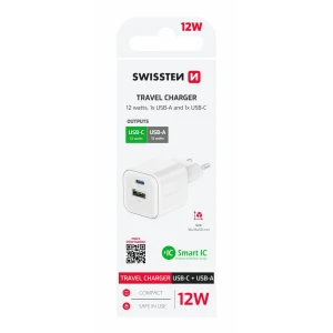 Încărcător de călătorie SWISSTEN 12W 1x USB-C + 1x USB-A ALB