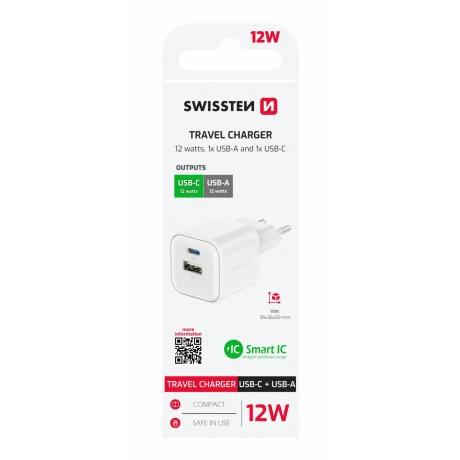 Încărcător de călătorie SWISSTEN 12W 1x USB-C + 1x USB-A ALB