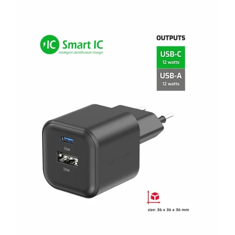 Încărcător de călătorie SWISSTEN 12W 1x USB-C + 1x USB-A Negru