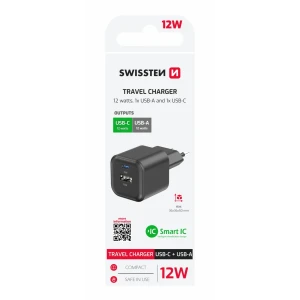Încărcător de călătorie SWISSTEN 12W 1x USB-C + 1x USB-A Negru