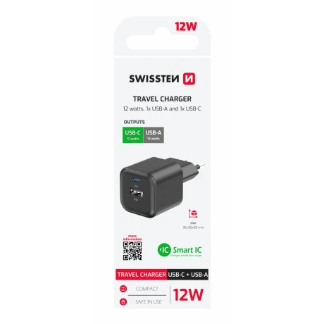 Încărcător de călătorie SWISSTEN 12W 1x USB-C + 1x USB-A Negru