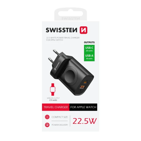 Încărcător de călătorie SWISSTEN 1xUSB-A, 1xUSB-C și Apple Watch