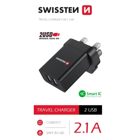 Încărcător de călătorie SWISSTEN 2x USB 10.5W pentru priză UK NEGRU