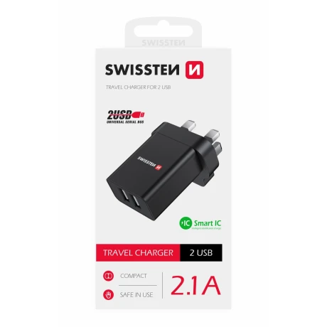 Încărcător de călătorie SWISSTEN 2x USB 10.5W pentru priză UK NEGRU