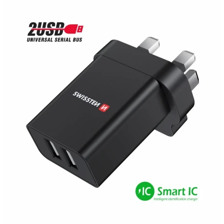 Încărcător de călătorie SWISSTEN 2x USB 10.5W pentru priză UK NEGRU