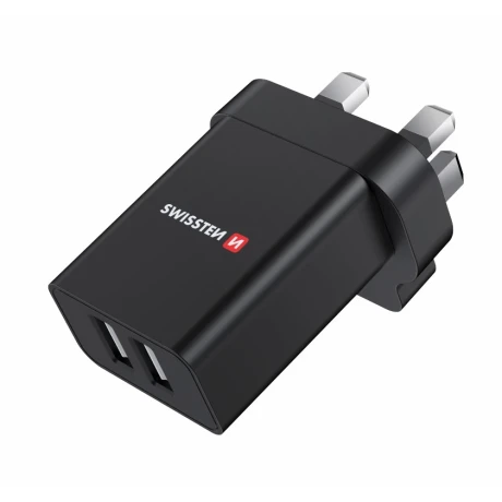 Încărcător de călătorie SWISSTEN 2x USB 10.5W pentru priză UK NEGRU