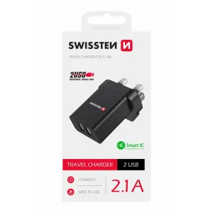 Încărcător de călătorie SWISSTEN 2x USB 10.5W pentru priză UK NEGRU