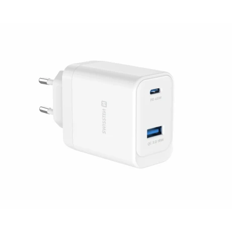 Încărcător de călătorie SWISSTEN CORE GaN 1x USB-C 45W PD + 1x USB-A 18W QC ALB