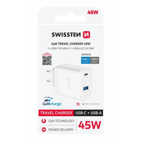 Încărcător de călătorie SWISSTEN CORE GaN 1x USB-C 45W PD + 1x USB-A 18W QC ALB