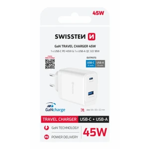 Încărcător de călătorie SWISSTEN CORE GaN 1x USB-C 45W PD + 1x USB-A 18W QC ALB