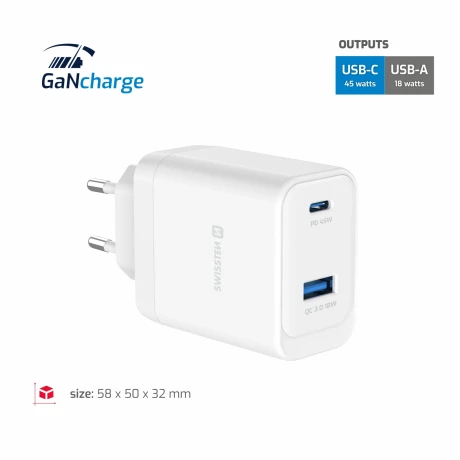 Încărcător de călătorie SWISSTEN CORE GaN 1x USB-C 45W PD + 1x USB-A 18W QC ALB
