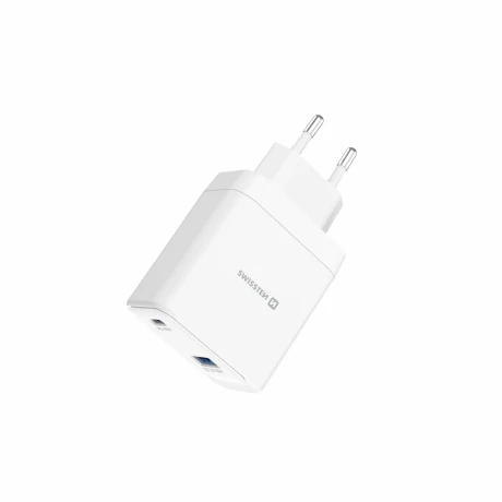 Încărcător de călătorie SWISSTEN CORE GaN 1x USB-C 45W PD + 1x USB-A 18W QC ALB