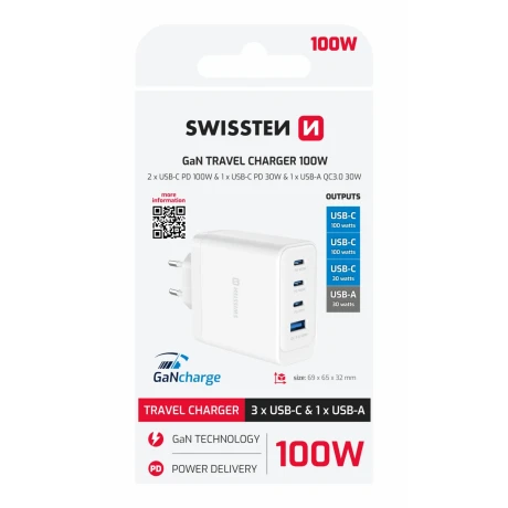 Încărcător de călătorie SWISSTEN CORE GaN 2x USB-C PD 100W + 1x USB-C PD 20W + 1x USB-A QC 30W QC ALB