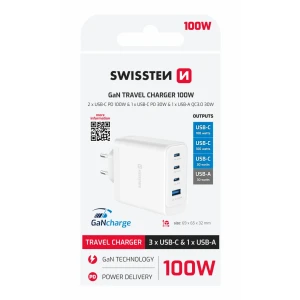 Încărcător de călătorie SWISSTEN CORE GaN 2x USB-C PD 100W + 1x USB-C PD 20W + 1x USB-A QC 30W QC ALB