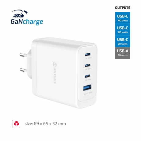 Încărcător de călătorie SWISSTEN CORE GaN 2x USB-C PD 100W + 1x USB-C PD 20W + 1x USB-A QC 30W QC ALB