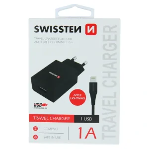 Încărcător de călătorie SWISSTEN cu circuit integrat inteligent, 1x USB 1A, cablu de alimentare + date, USB / LIGHTNING, 1,2 m, negru