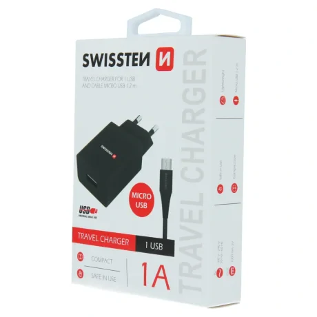 Încărcător de călătorie Swissten cu circuit integrat inteligent, 1x USB 1A, cablu de alimentare + date, USB / Micro USB 1.2 m, negru