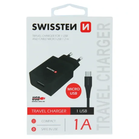 Încărcător de călătorie Swissten cu circuit integrat inteligent, 1x USB 1A, cablu de alimentare + date, USB / Micro USB 1.2 m, negru