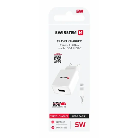 Încărcător de călătorie SWISSTEN cu circuit integrat inteligent, 1x USB 1A, cablu de alimentare + date, USB / TIP C, 1,2 m, alb