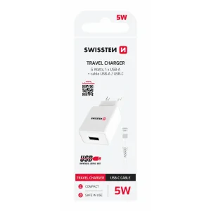 Încărcător de călătorie SWISSTEN cu circuit integrat inteligent, 1x USB 1A, cablu de alimentare + date, USB / TIP C, 1,2 m, alb