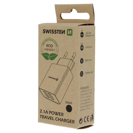 Încărcător de călătorie SWISSTEN cu circuit integrat inteligent, 2x USB 2.1A, negru (pachet Eco)