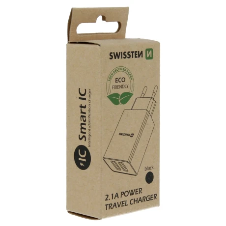 Încărcător de călătorie SWISSTEN cu circuit integrat inteligent, 2x USB 2.1A, negru (pachet Eco)