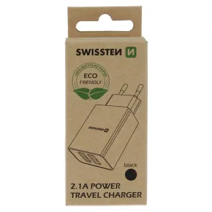Încărcător de călătorie SWISSTEN cu circuit integrat inteligent, 2x USB 2.1A, negru (pachet Eco)