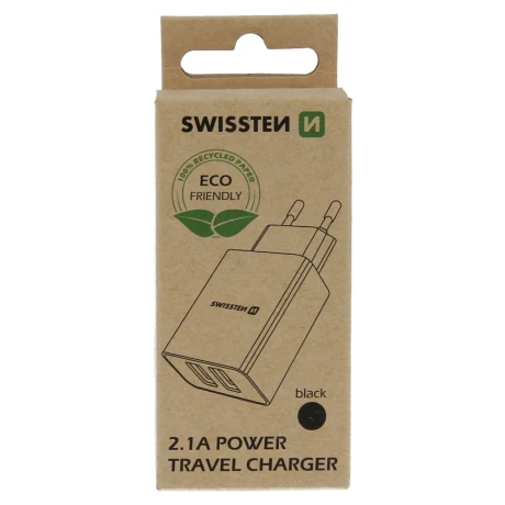 Încărcător de călătorie SWISSTEN cu circuit integrat inteligent, 2x USB 2.1A, negru (pachet Eco)