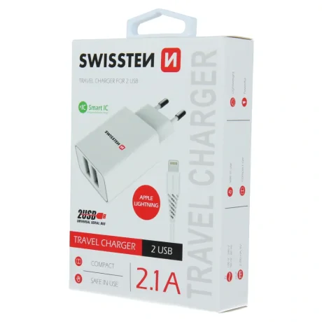 Încărcător de călătorie SWISSTEN cu circuit integrat inteligent, cu 2 porturi USB 2.1A și cablu de date USB / LIGHTNING, 1.2 m, alb