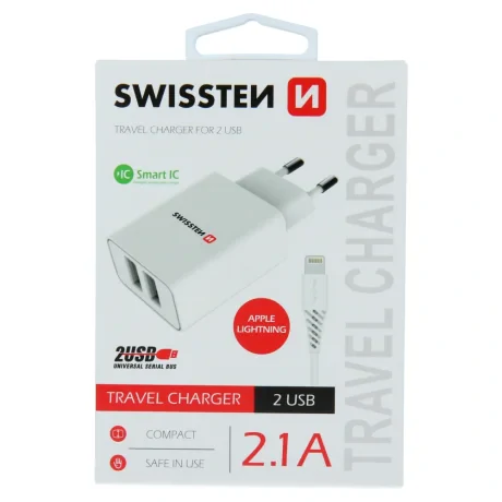 Încărcător de călătorie SWISSTEN cu circuit integrat inteligent, cu 2 porturi USB 2.1A și cablu de date USB / LIGHTNING, 1.2 m, alb