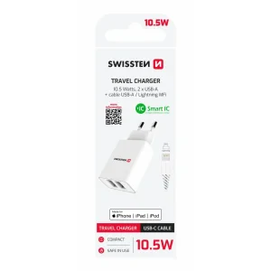 Încărcător de călătorie SWISSTEN cu circuit integrat inteligent, cu 2 porturi USB 2.1A și cablu de date USB / LIGHTNING MFi 1.2 m, alb