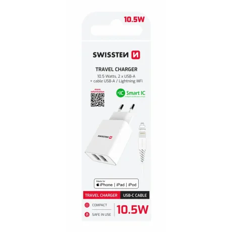 Încărcător de călătorie SWISSTEN cu circuit integrat inteligent, cu 2 porturi USB 2.1A și cablu de date USB / LIGHTNING MFi 1.2 m, alb