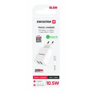 Încărcător de călătorie Swissten cu circuit integrat inteligent, cu 2 porturi USB 2.1A și cablu de date USB/tip C, 1.2 m, alb