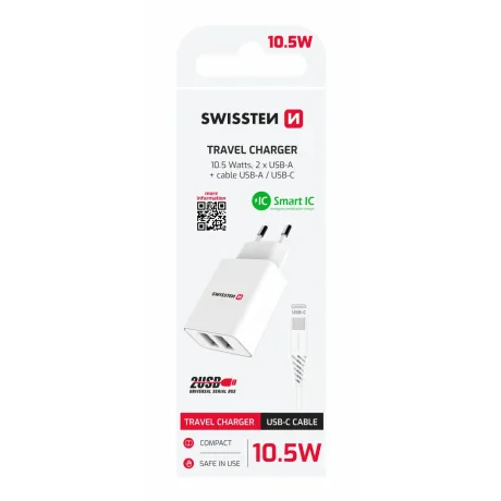 Încărcător de călătorie Swissten cu circuit integrat inteligent, cu 2 porturi USB 2.1A și cablu de date USB/tip C, 1.2 m, alb