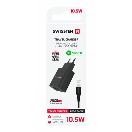 Încărcător de călătorie SWISSTEN cu circuit integrat inteligent, cu 2 porturi USB 2.1A și cablu de date USB/TIP C, 1.2 m, negru 