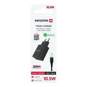 Încărcător de călătorie SWISSTEN cu circuit integrat inteligent, cu 2 porturi USB 2.1A și cablu de date USB/TIP C, 1.2 m, negru 