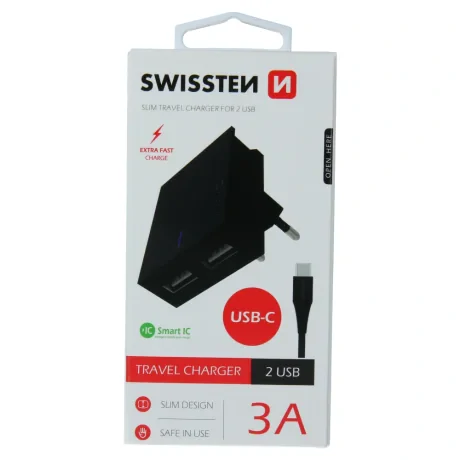 Încărcător de călătorie Swissten cu circuit integrat inteligent, cu 2 porturi USB 3A și cablu de date USB/tip C, 1,2 m, negru
