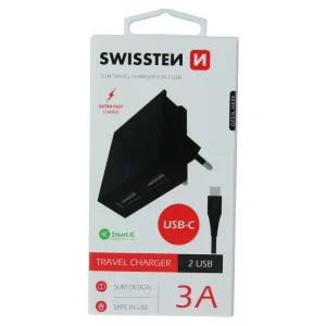Încărcător de călătorie Swissten cu circuit integrat inteligent, cu 2 porturi USB 3A și cablu de date USB/tip C, 1,2 m, negru