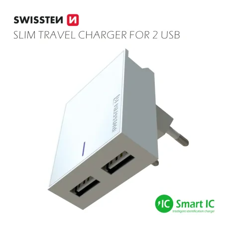 Încărcător de călătorie Swissten cu circuit integrat inteligent, cu 2x USB 3A, cablu de alimentare + date, USB / Lightning, 1,2 m, alb