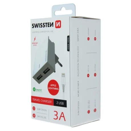 Încărcător de călătorie Swissten cu circuit integrat inteligent, cu 2x USB 3A, cablu de alimentare + date, USB / Lightning, 1,2 m, alb