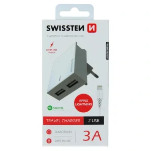 Încărcător de călătorie Swissten cu circuit integrat inteligent, cu 2x USB 3A, cablu de alimentare + date, USB / Lightning, 1,2 m, alb