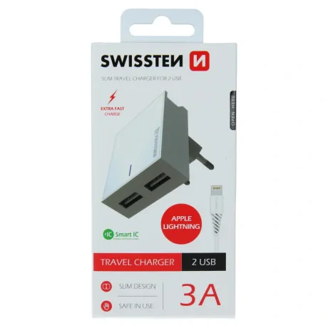 Încărcător de călătorie Swissten cu circuit integrat inteligent, cu 2x USB 3A, cablu de alimentare + date, USB / Lightning, 1,2 m, alb