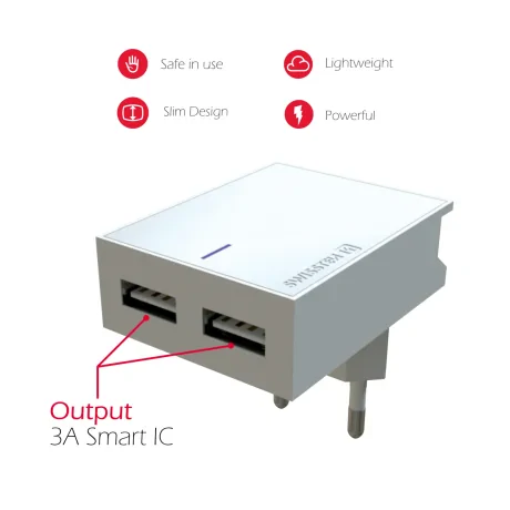 Încărcător de călătorie Swissten cu circuit integrat inteligent, cu 2x USB 3A, cablu de alimentare + date, USB / Lightning, 1,2 m, alb