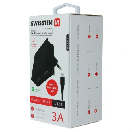 Încărcător de călătorie Swissten cu circuit integrat inteligent, cu 2x USB 3A, cablu de alimentare + date, USB / Lightning MFi 1,2 m, negru
