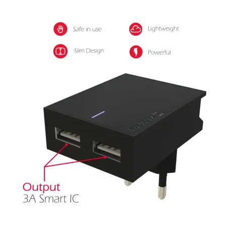 Încărcător de călătorie Swissten cu circuit integrat inteligent, cu 2x USB 3A, cablu de alimentare + date, USB / Lightning MFi 1,2 m, negru