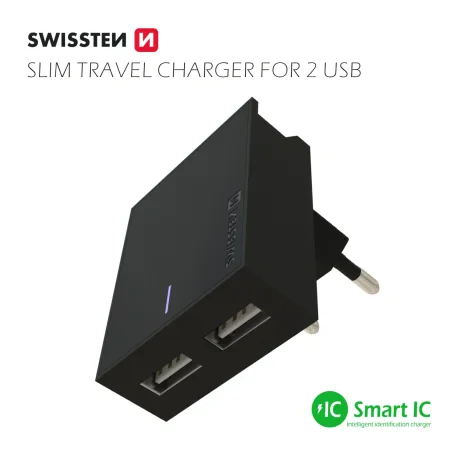 Încărcător de călătorie Swissten cu circuit integrat inteligent, cu 2x USB 3A, cablu de alimentare + date, USB / Lightning MFi 1,2 m, negru