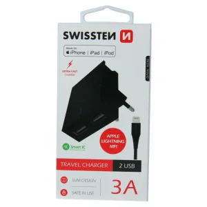 Încărcător de călătorie Swissten cu circuit integrat inteligent, cu 2x USB 3A, cablu de alimentare + date, USB / Lightning MFi 1,2 m, negru