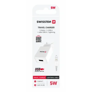 Încărcător de călătorie SWISSTEN cu circuit integrat inteligent și 1x USB 1A, cablu de alimentare + date, USB / LIGHTNING, 1,2 m, alb