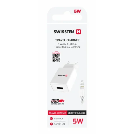 Încărcător de călătorie SWISSTEN cu circuit integrat inteligent și 1x USB 1A, cablu de alimentare + date, USB / LIGHTNING, 1,2 m, alb